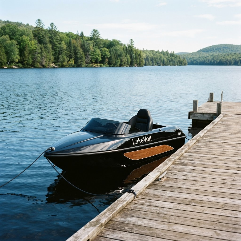 The LakeVolt electric mini jet boat on a dock beside a Canadian lake