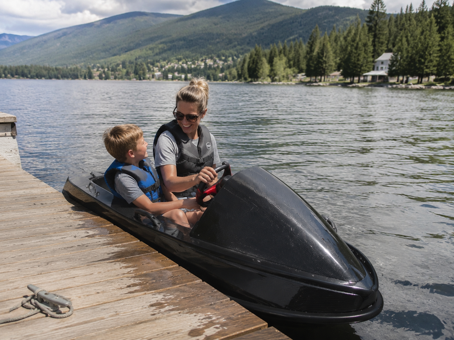 Craig’s wife and son sitting in their black LakeVolt mini jet boat at a lakeside dock in Kelowna, BC